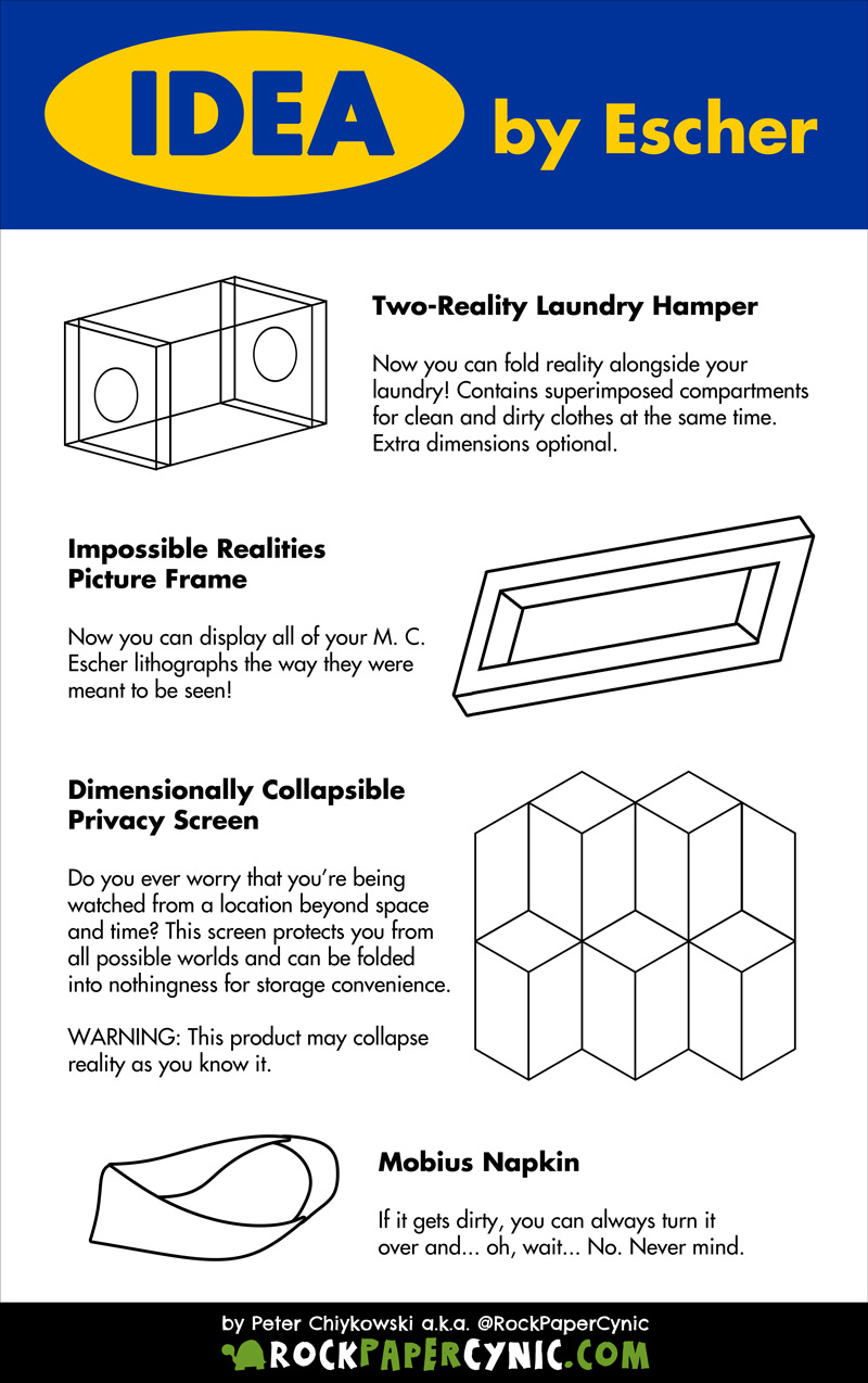 If M. C. Escher Designed IKEA Furniture M. C. Escher designs furniture for IKEA and, let's face it, Relativity as a laundry hamper? A multiple perspective picture frame? SWEET!