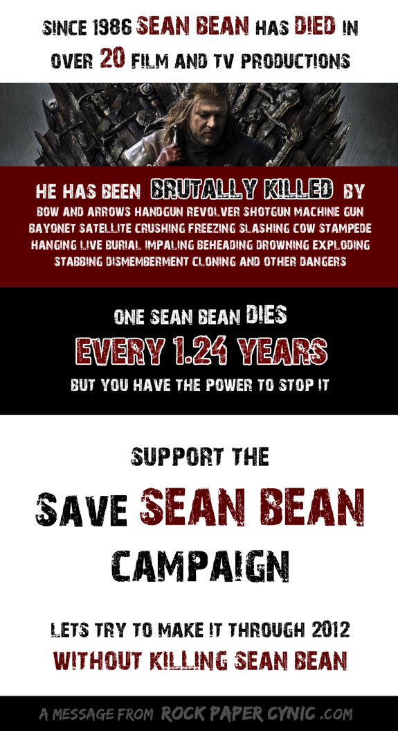 The Save Sean Bean Campaign we start a campaign to save Sean Bean, who has died over 20 times in films and tv shows since 1986