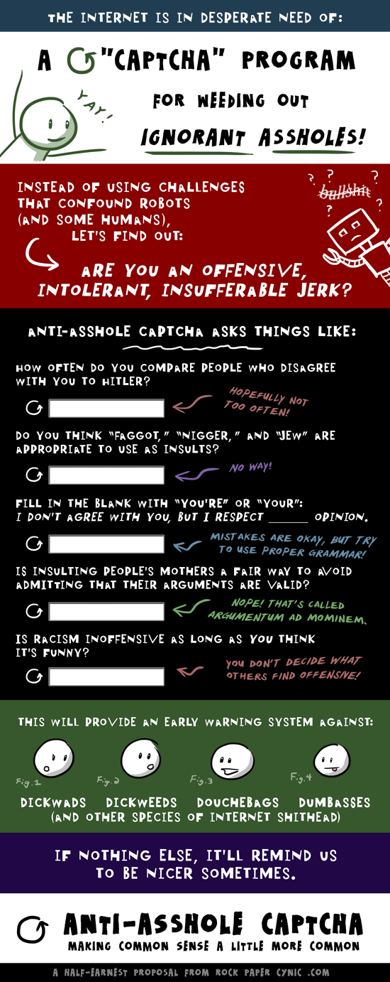 Anti-Asshole CAPTCHA: A Half-Earnest Proposal we propose a new kind of CAPTCHA program to screen out ignorant assholes from joining forums and posting comments