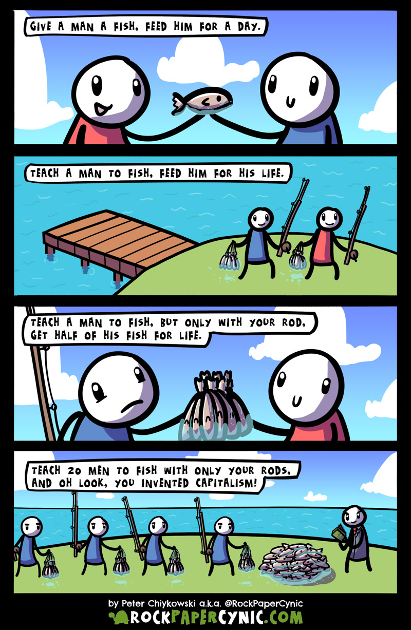 The one problem with the teach-a-man-to-fish system we look at what happens when you teach a man to fish, but only with your rod