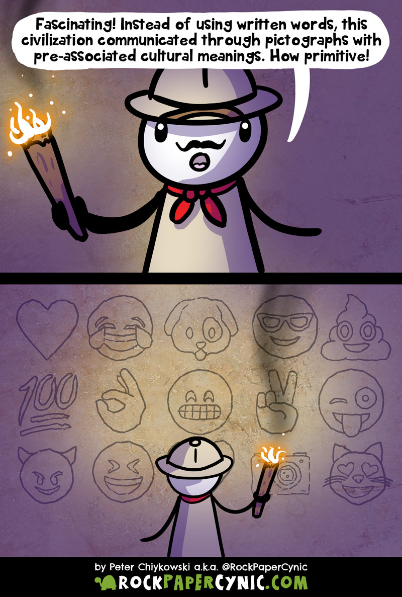 A civilization that communicates exclusively through pictographs :O an archaeologist discovers a civilization that communicates exclusively through pictographs